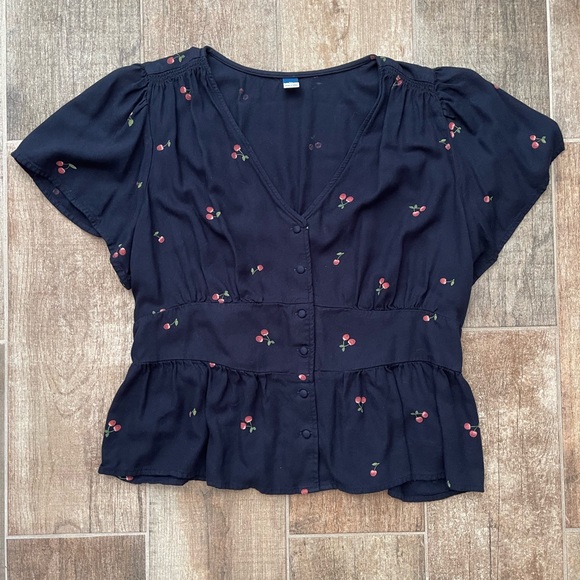 Old Navy Tops - Old Navy Woven Peplum Button-Front Top with Cherry Print - Black